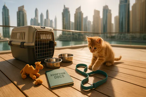 An orange kitten sits on a wooden deck next to a pet carrier, water bowls, leash, and adoption documents. Modern city skyline in background.