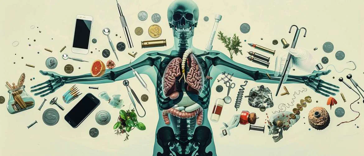 Creative illustration of unusual objects found inside an x-ray of a human body