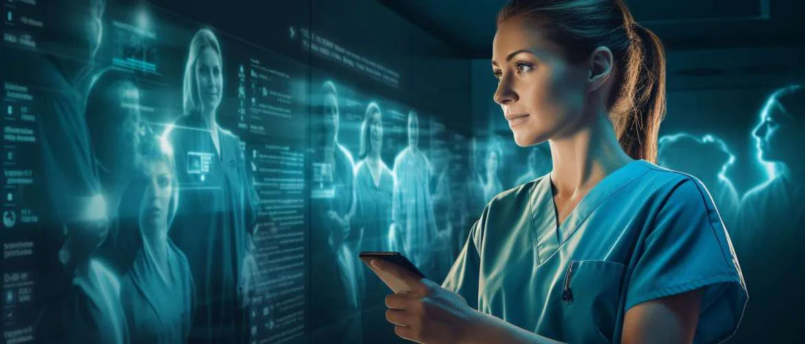 Nurses collaboratively sharing insights in front of a digital screen.