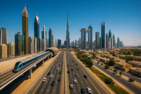 Aerial view of Dubai's modern skyline with the iconic Burj Khalifa, a multi-lane highway full of cars, and an elevated metro train.