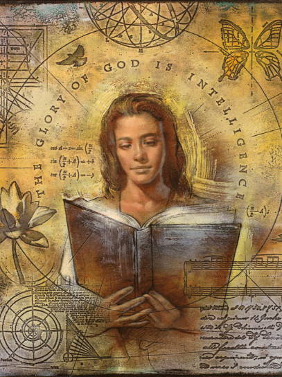Painting of a young woman reading a book. Script, diagrams, and illustrations frame her.