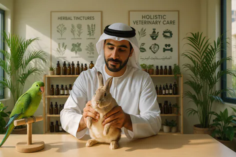 Man in traditional attire holds a rabbit. Green parrot on stand nearby. Posters for herbal tinctures and holistic veterinary care behind.