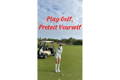 Female golfer in UPF sun protection sleeves and visor addressing ball next to golf cart