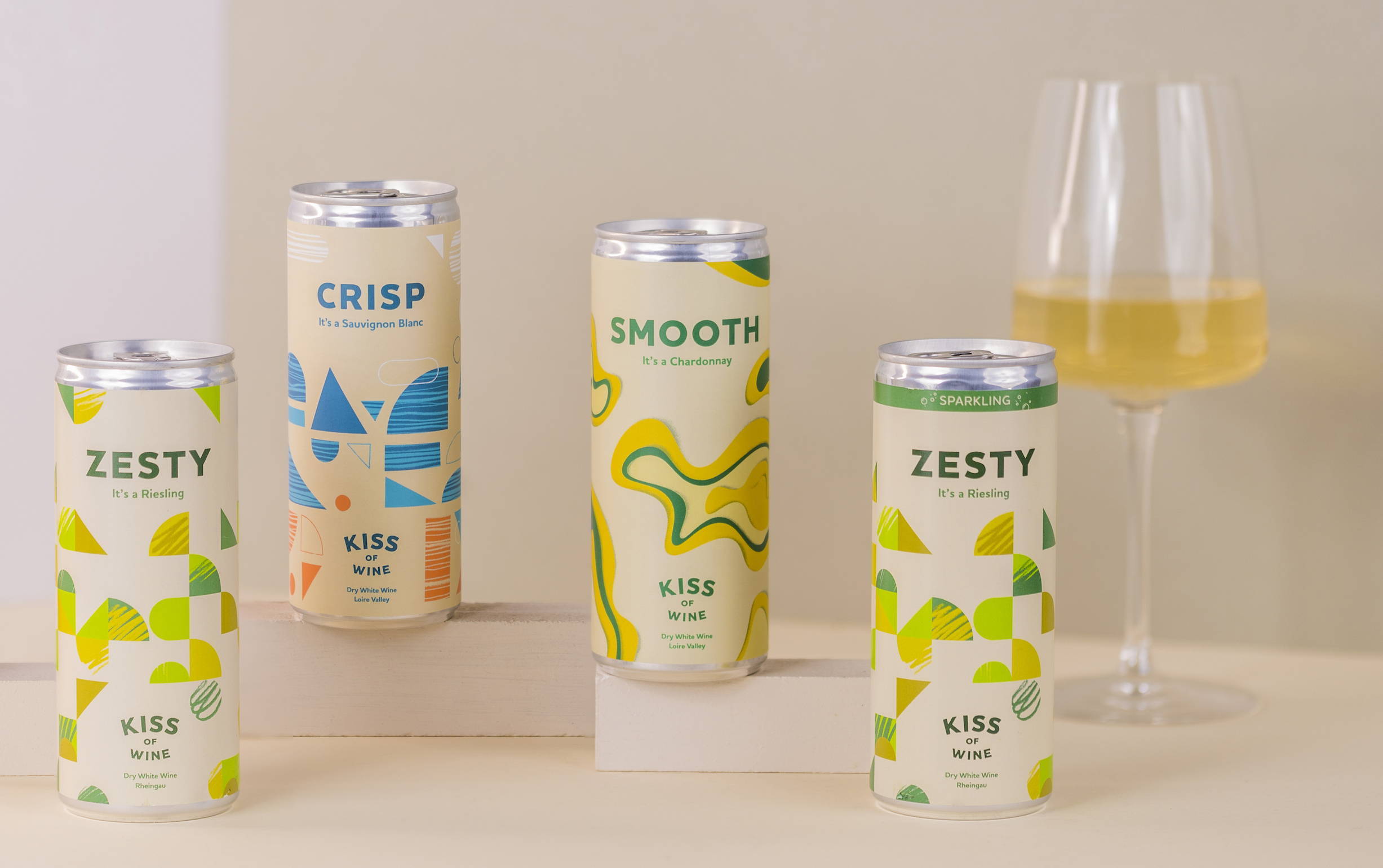 Selection of Kiss of Wine white wine cans including Crisp, Zesty, Smooth.