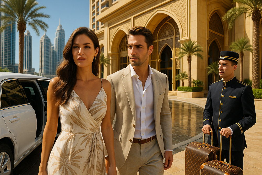 A stylish couple arrives by white car at a grand hotel entrance. A bellhop stands ready with their vintage luggage, with palm trees and skyscrapers in the background.