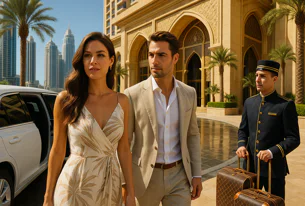 A stylish couple arrives by white car at a grand hotel entrance. A bellhop stands ready with their vintage luggage, with palm trees and skyscrapers in the background.