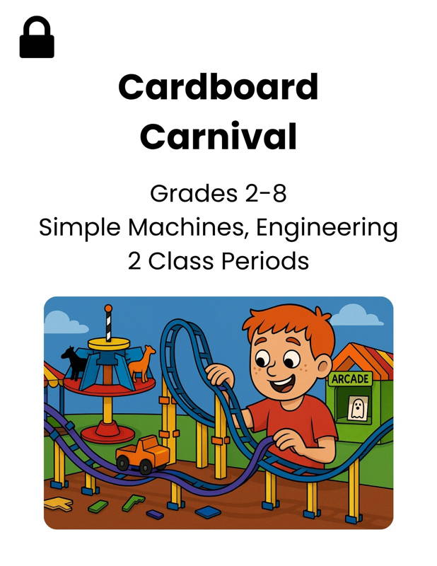Student building a cardboard carnival roller coaster using 3DuxDesign connectors and ramps. This hands-on STEM challenge for grades 2–8 teaches simple machines, engineering design, problem solving, and creative construction over two class periods.