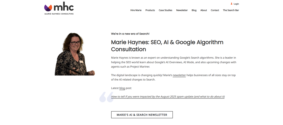 Screenshot of Marie Haynes, from the seo portfolios collection.