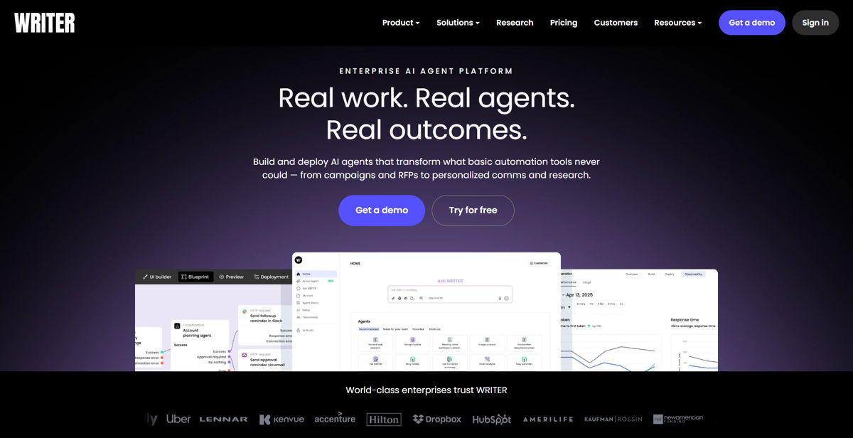 Screenshot of Writer , from the ai company websites collection.