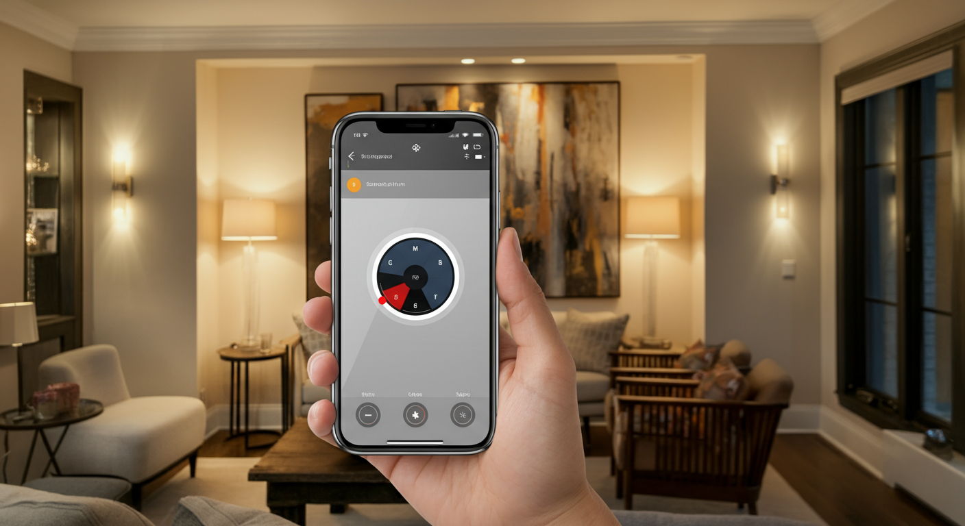 A smart lighting system demonstration in a Streeterville living room, with recessed lights, wall sconces, and accent lighting all controlled through a smartphone app. The system allows customized lighting scenes that enhance both the functionality and ambiance of the space.