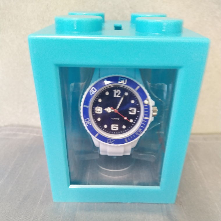 Silikon Uhr Weiss/Blau Box Lego Stein Kässeli _2