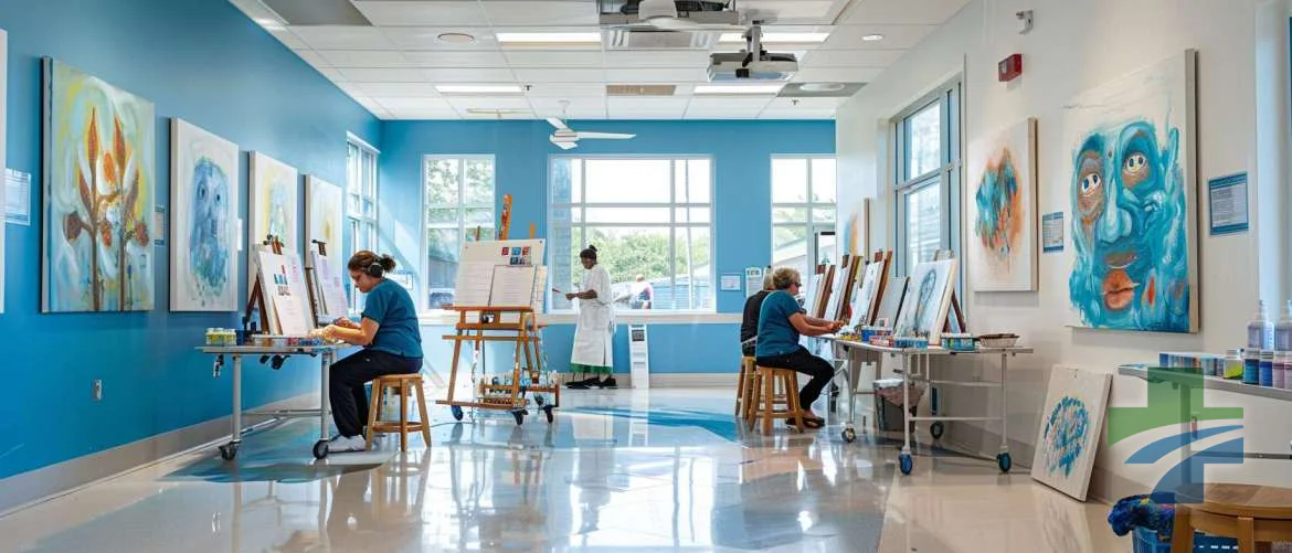 Patients engaging in art therapy within a healthcare facility