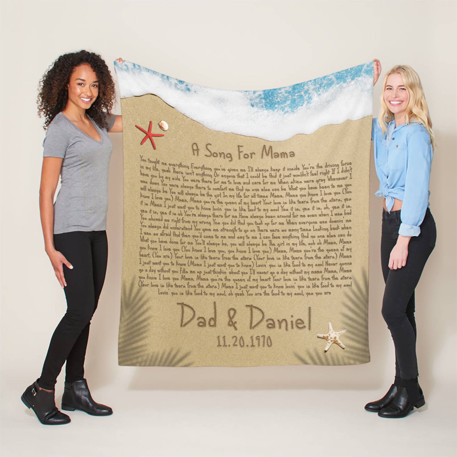 a rectangular blanket print Song Lyrics, names, and date on a sand beach image background is the perfect gift for mom