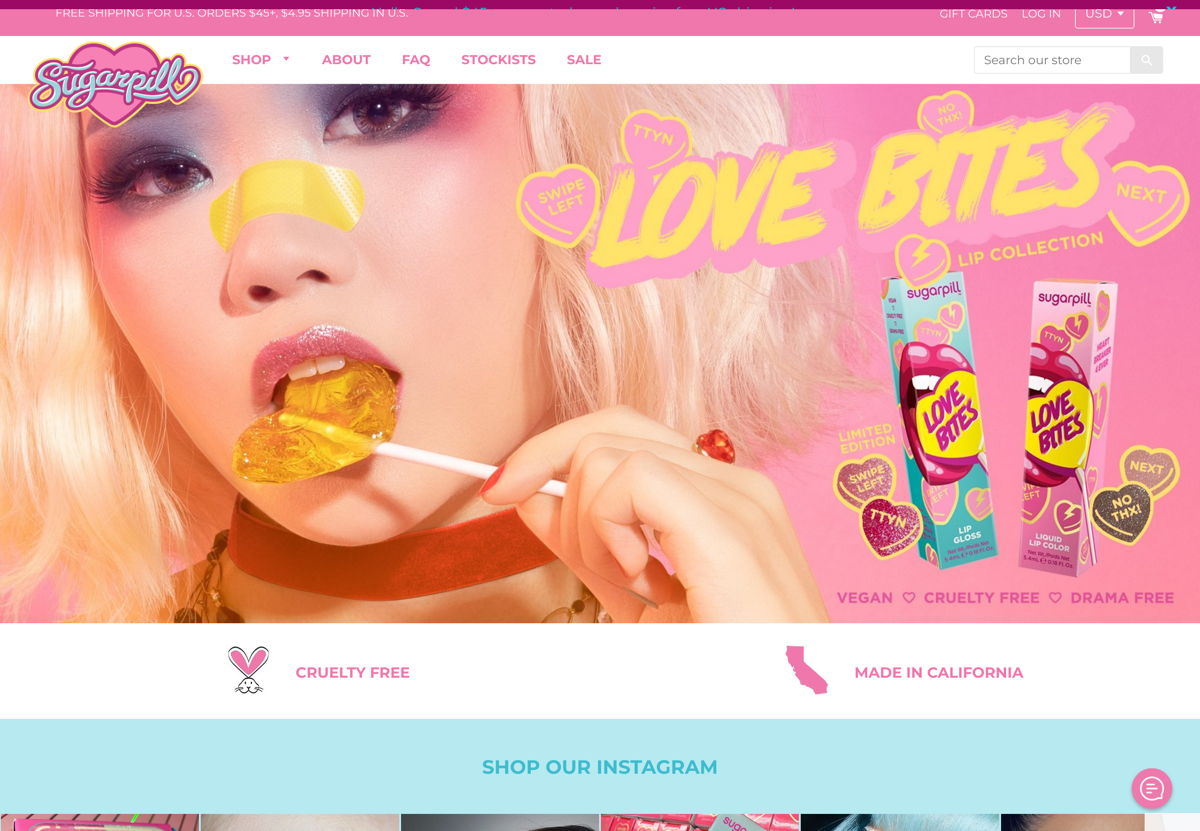 Screenshot of Sugarpill Cosmetics, from the beauty websites collection.
