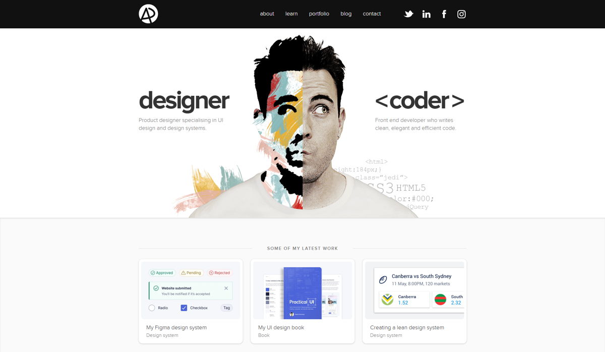 Screenshot of Adham Dannaway, from the product designer portfolios collection.
