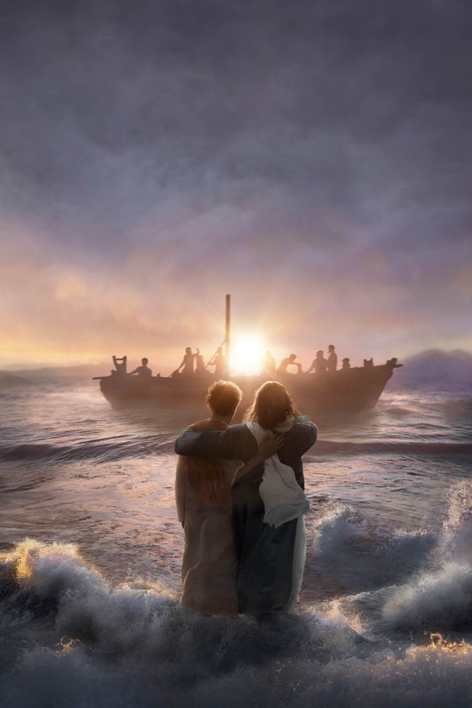 Jesus and Peter standing on the shore as the apostles bring the boat in.