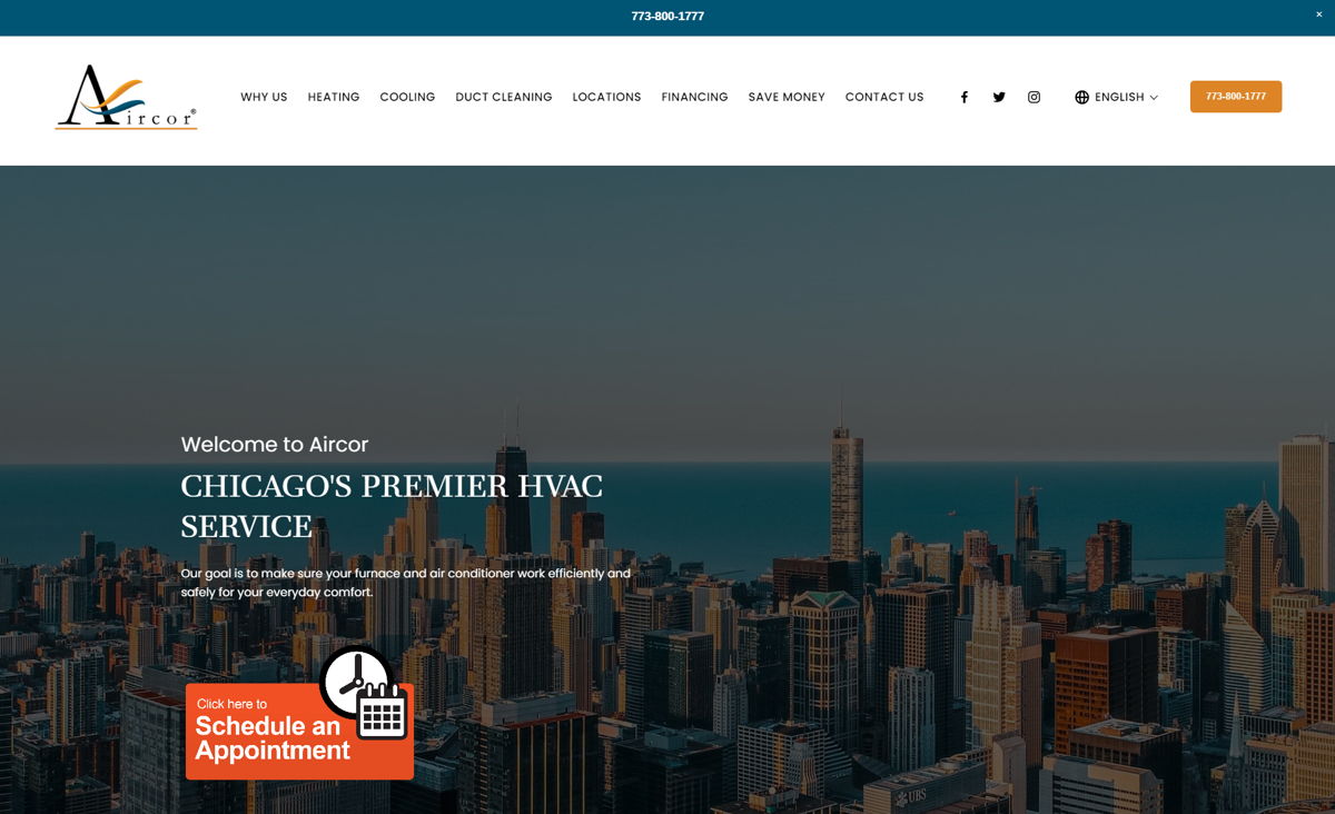 Screenshot of Aircor Heating and Cooling, from the hvac websites collection.