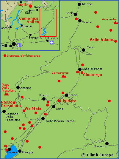 Map of the main rock climbing areas in the Camonica Valley