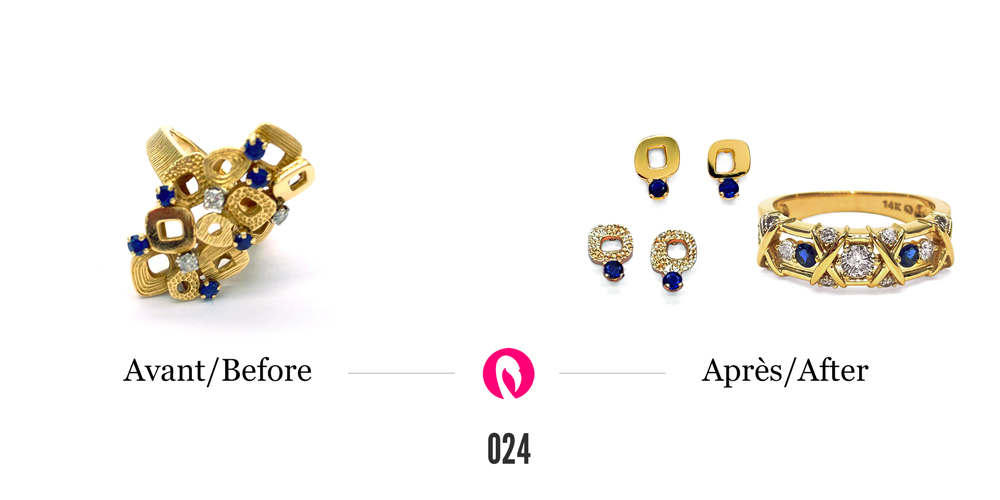 A yellow gold ring composed of small rounded geometric shapes dotted with diamonds and sapphires transformed into two pairs of earrings with the same shapes and textures with sapphires and a yellow gold ring with intersecting stems with sapphires and diamonds.