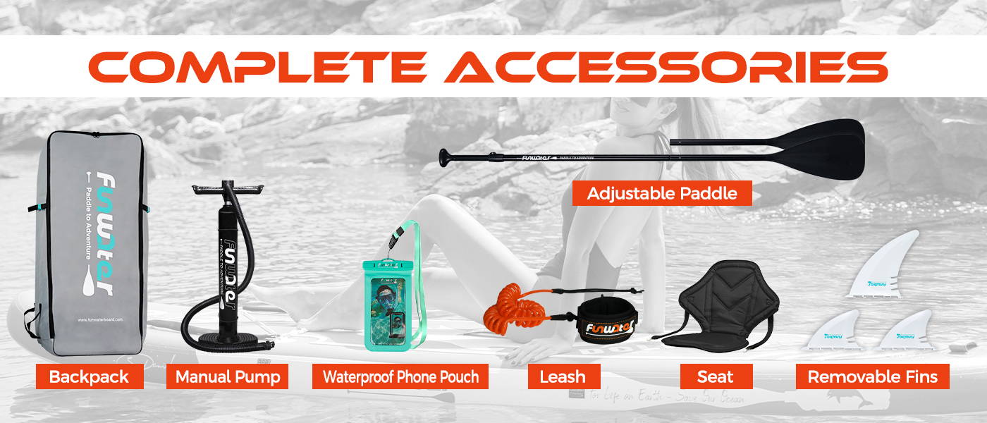 Inflatable SUP board comes with complete accessories: backpack, manual pump, waterproof phone pouch, removable fins, leash, adjustable paddle