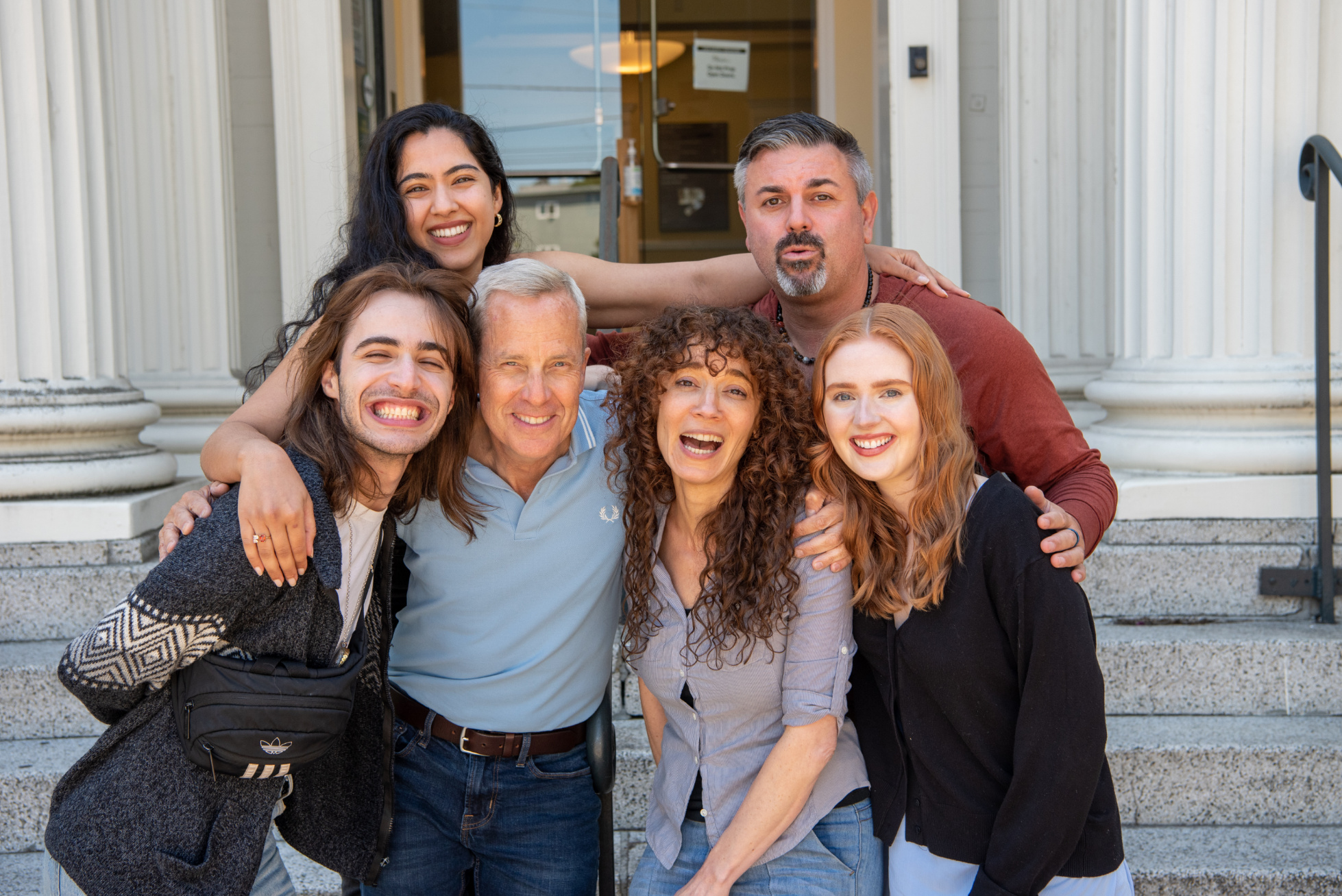 Six of the Nine Actors at the ReOrient 2023 CAMP (l to r): Hamzeh Daoud, Neamah Hussein, John Fisher, Emily M. Keyishian, John Pasha, Rose McAvoy. (Photo: Amal Bisharat)