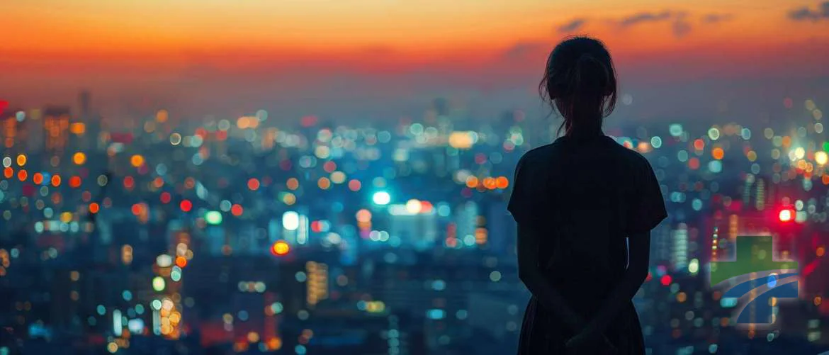 A travel nurse contemplatively overlooking a city's twinkling lights at night.