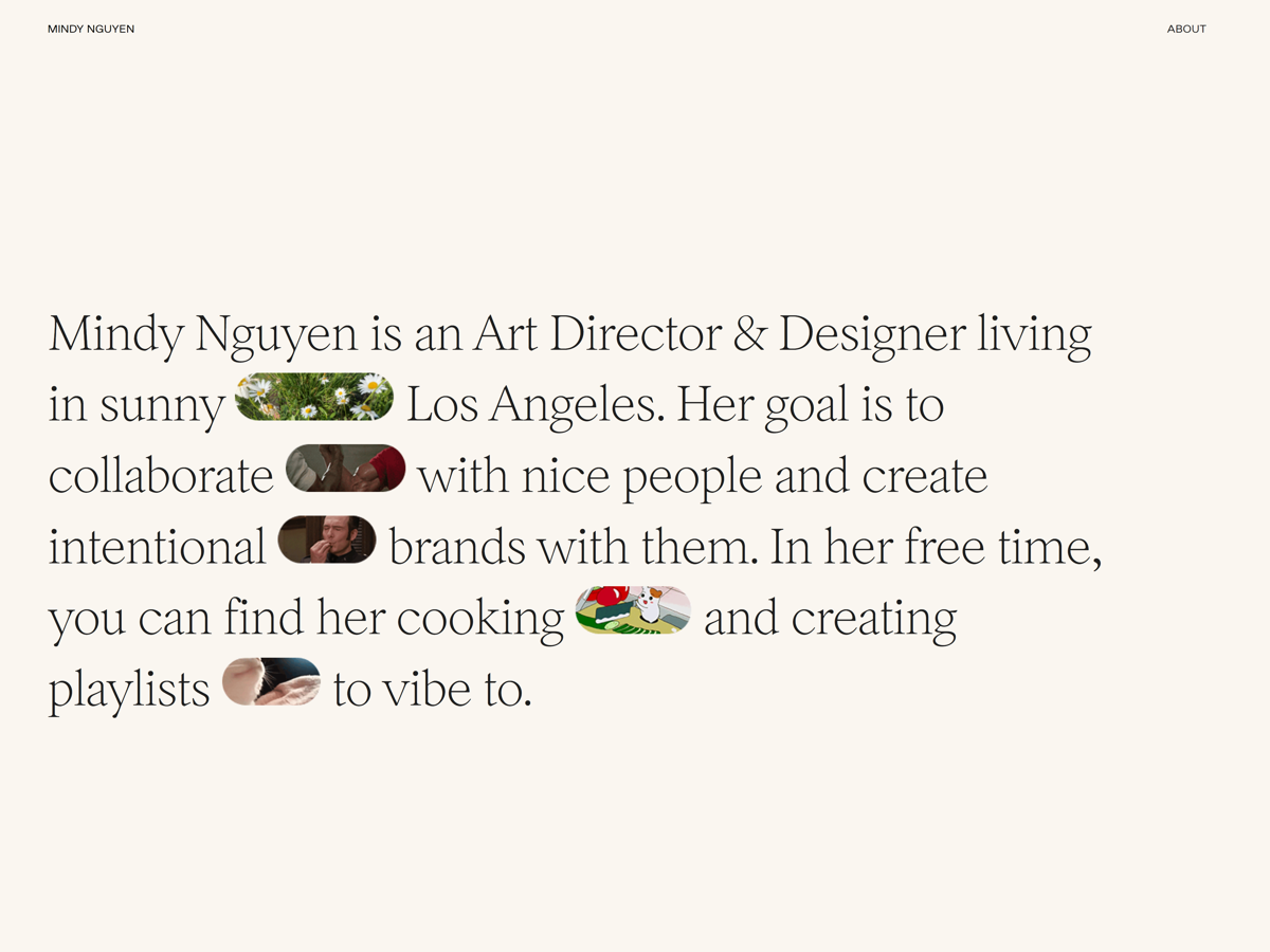 Screenshot of Mindy Nguyen, from the digital portfolio examples collection.