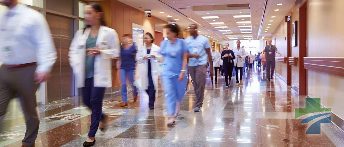Acute care hospital lobby bustling with activity in Los Angeles