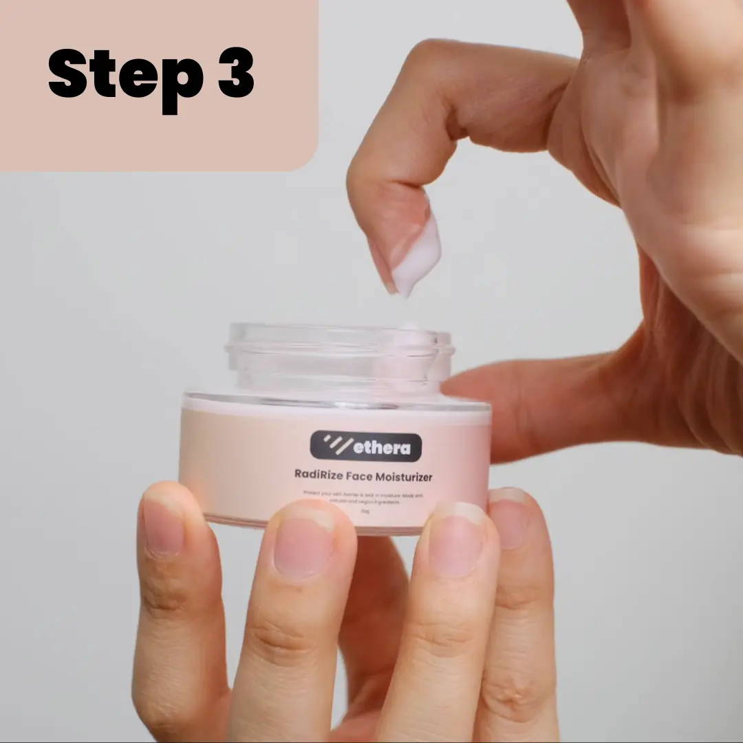 How to use RayJuvenate step 3 - Apply your favorite moisturizer or cream generously over your face, neck, and décolleté to lock in hydration.
