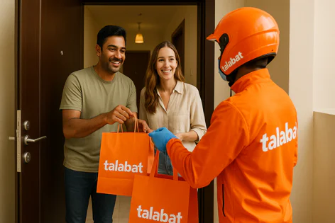 A Talabat delivery driver wearing an orange uniform and helmet hands two orange shopping bags with the logo to a smiling couple at their doorway. The driver wears blue gloves.