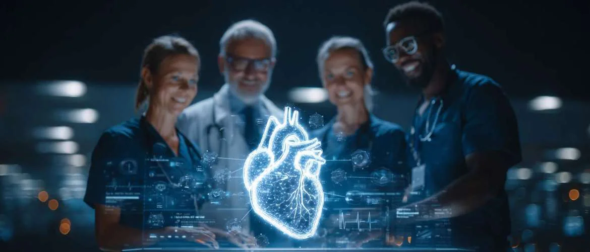 Dynamic healthcare office with professionals collaborating on digital devices.