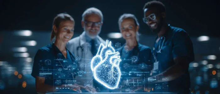 Dynamic healthcare office with professionals collaborating on digital devices.