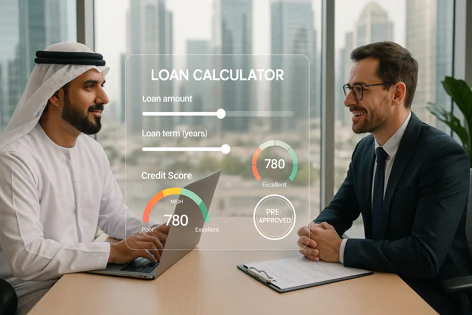 Two men discuss a loan application using a digital calculator showing loan amount, term, and an excellent credit score of 780, resulting in pre-approval.