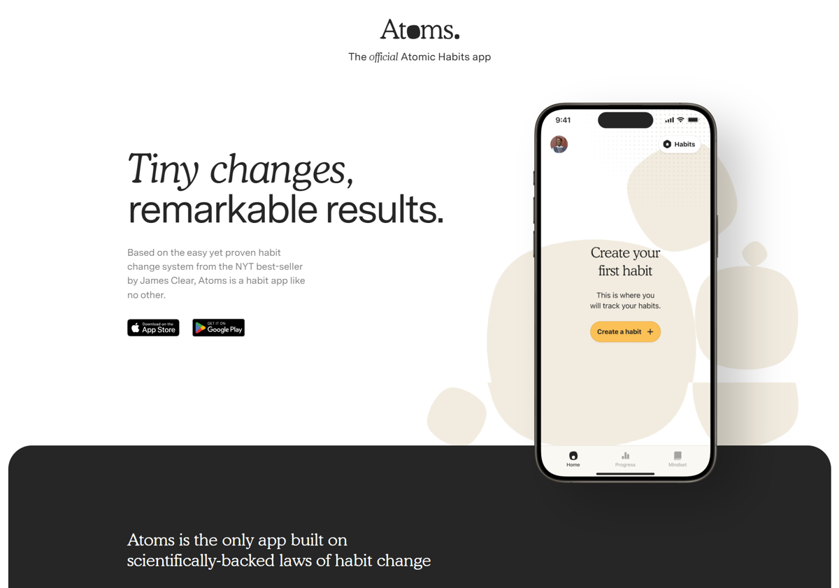 Screenshot of Atomic Habits app, from the app websites collection.