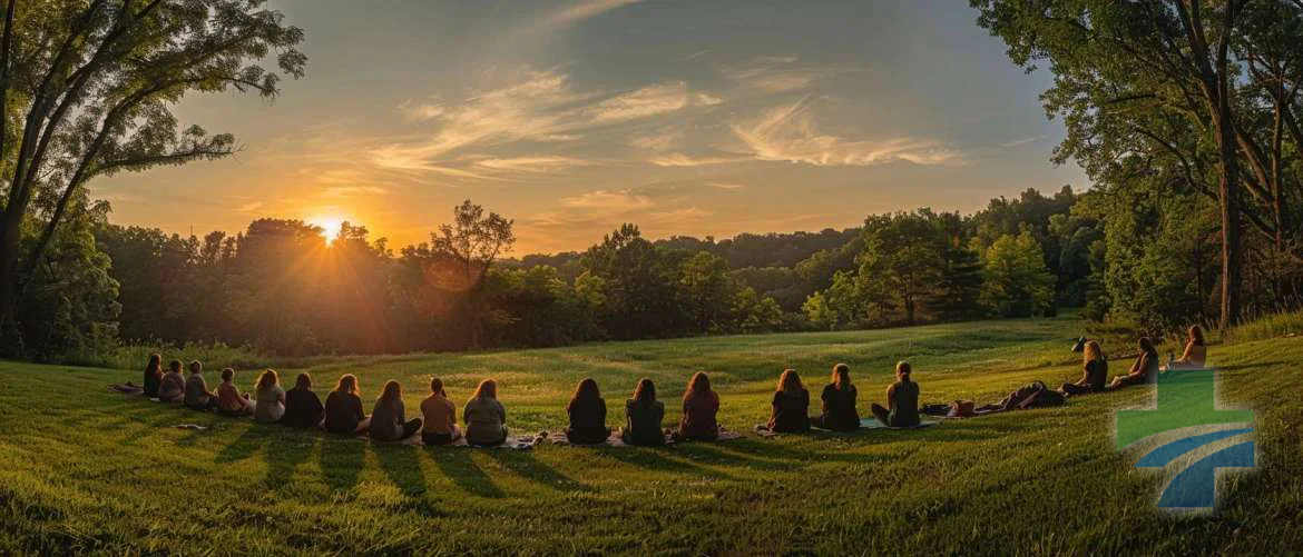 Travel nurses in a meditation session at a self-care retreat during golden hour.