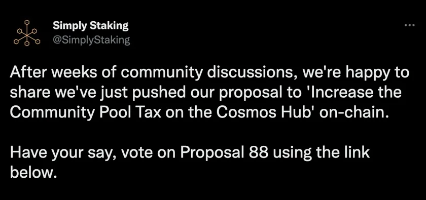 A picture which shows the Simply Staking saying that they have published Cosmos' on-chain proposal