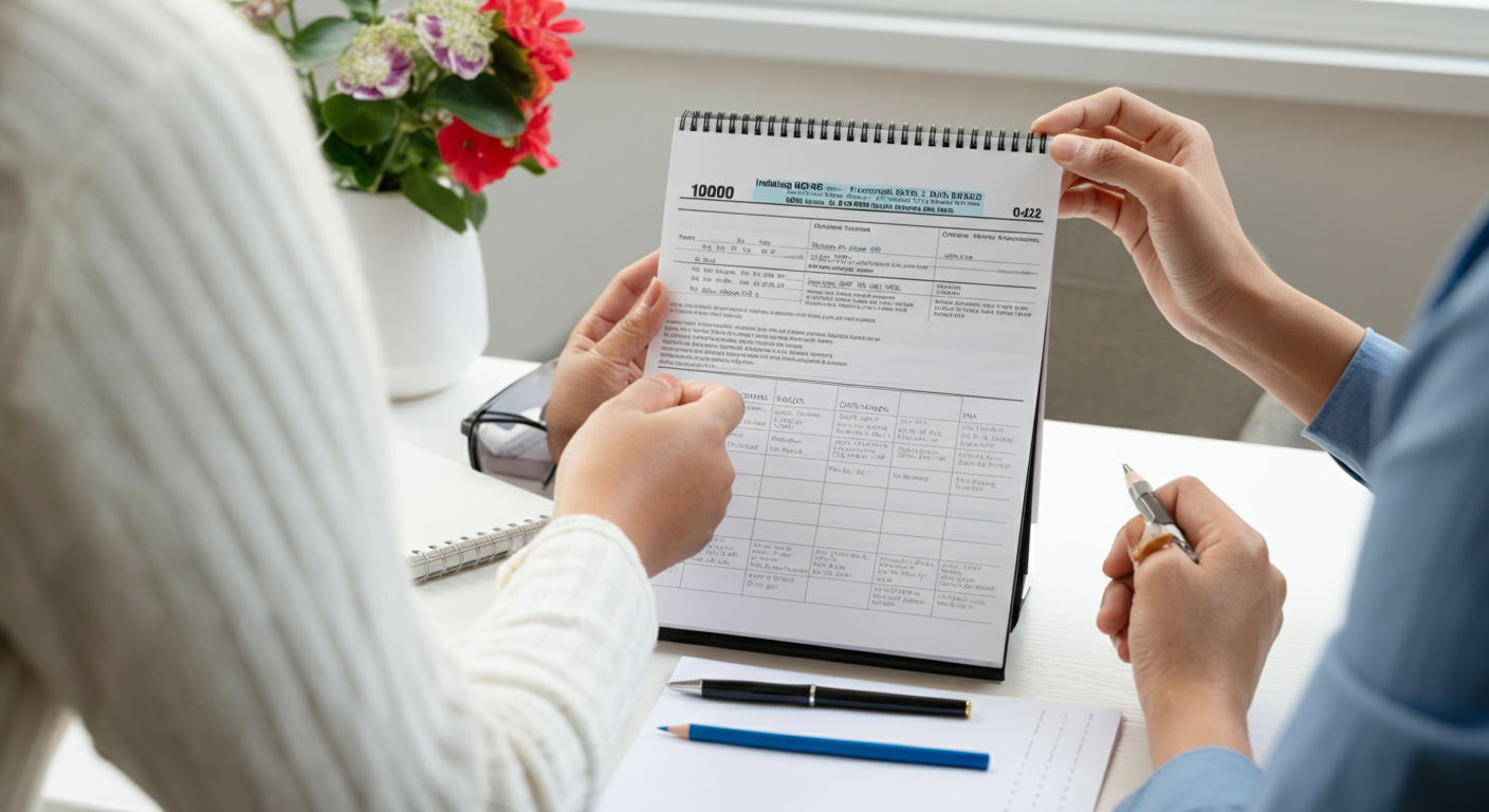 A home seller reviewing job relocation paperwork showing a transfer from Chicago to Indianapolis, with a calendar indicating they've owned their home for only 18 months, demonstrating a work-related qualifying circumstance for partial capital gains exclusion.