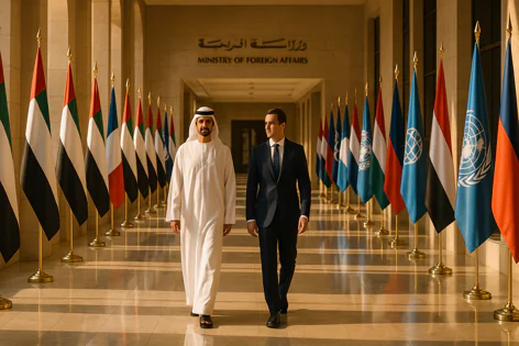 A man in white traditional attire and a man in a suit walk down a long, sunlit hallway lined with flags in the Ministry of Foreign Affairs building.