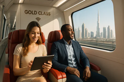 Two passengers riding in a Gold Class train cabin, with a woman using a tablet and a man admiring the Dubai skyline with the Burj Khalifa.