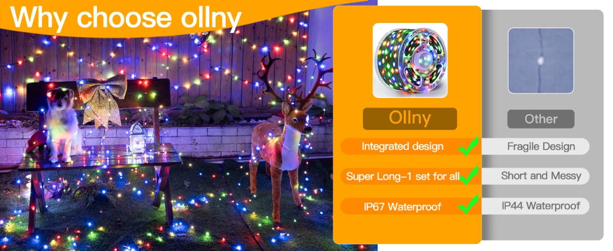 Features of Ollny's 800 leds multicolor IP67 waterproof Christmas lights