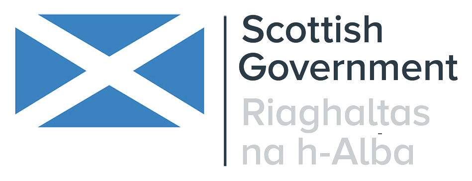 Scottish Government logo featuring a blue and white St Andrew’s Cross flag and bilingual text reading Scottish Government and Riaghaltas na h-Alba.