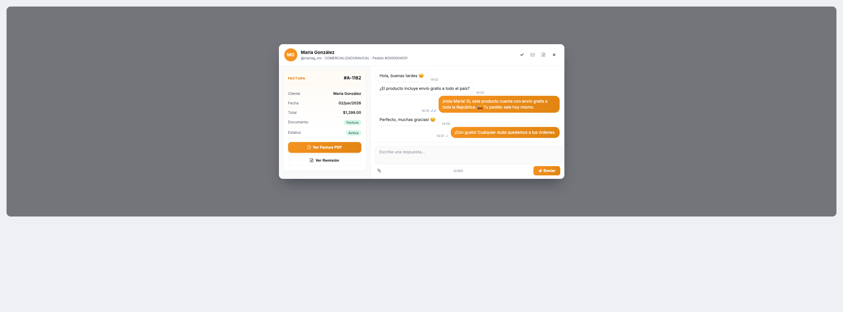 Chat con el comprador, venta vinculada a la izquierda y caja de respuesta con adjuntos.