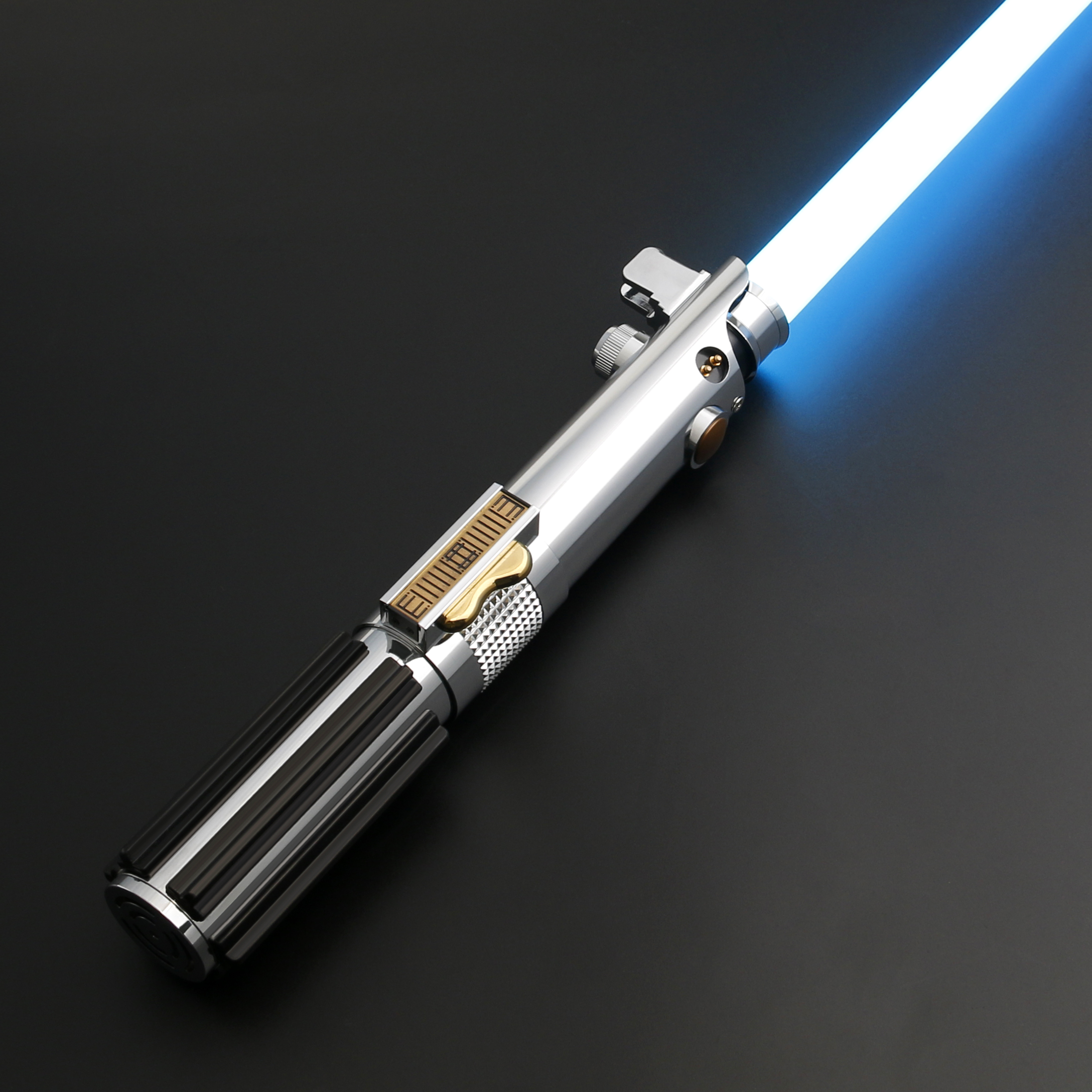 A blue lightsaber with a metallic hilt on a dark background.