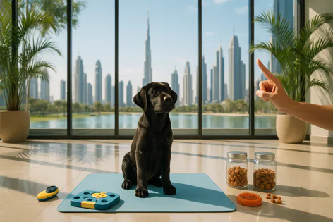 Black Labrador puppy sits on a mat in front of a window overlooking a city skyline, looking at a hand pointing, near training treats and toys.