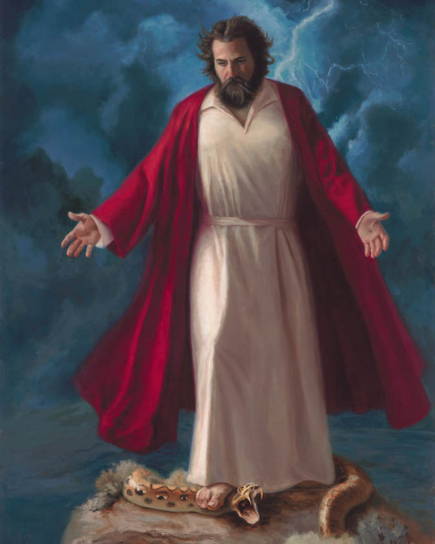 Jesus standing on the neck of an angry serpant.