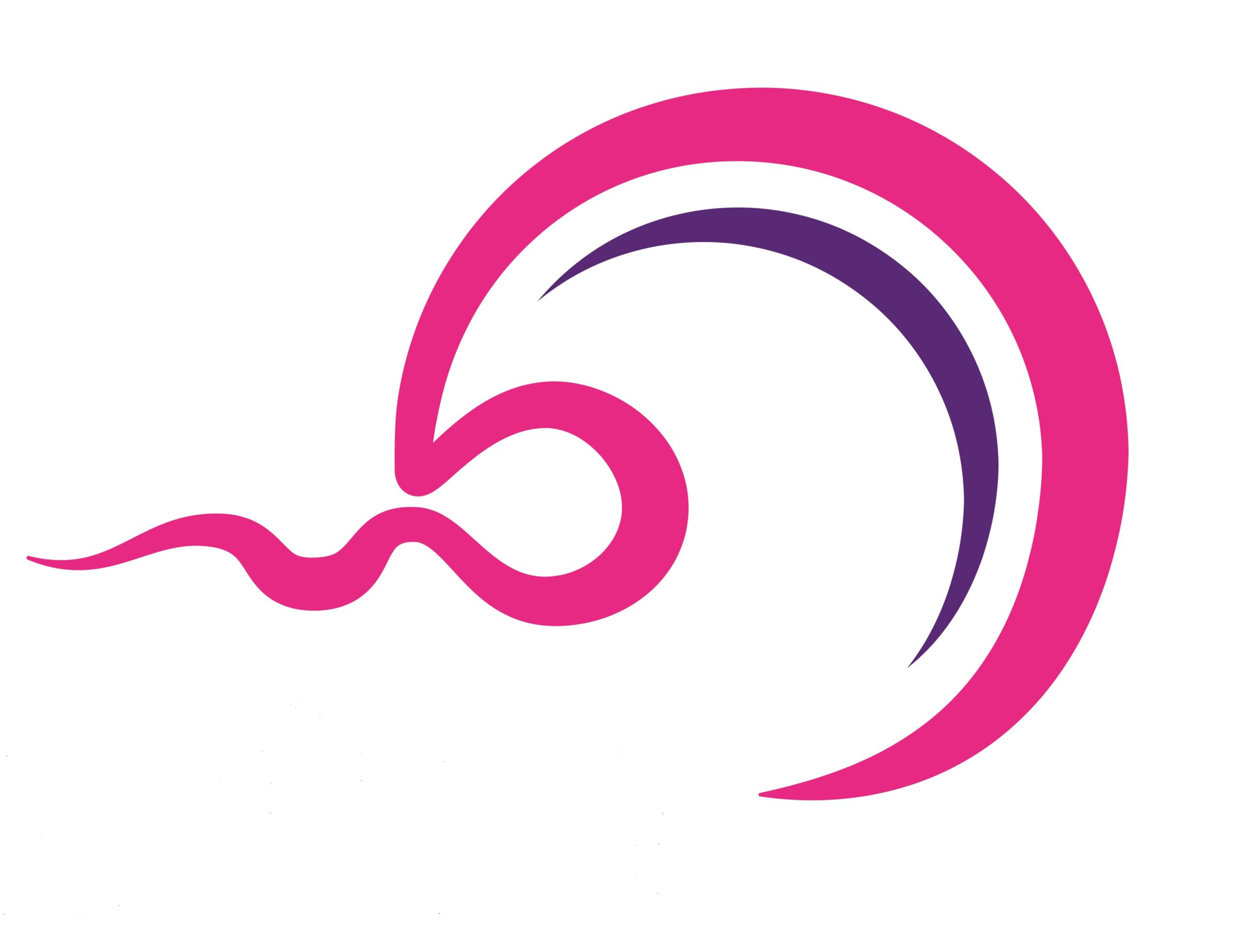 A stylized pink and purple abstract design resembling a sperm approaching an egg, depicted with smooth, curved lines on a white background.