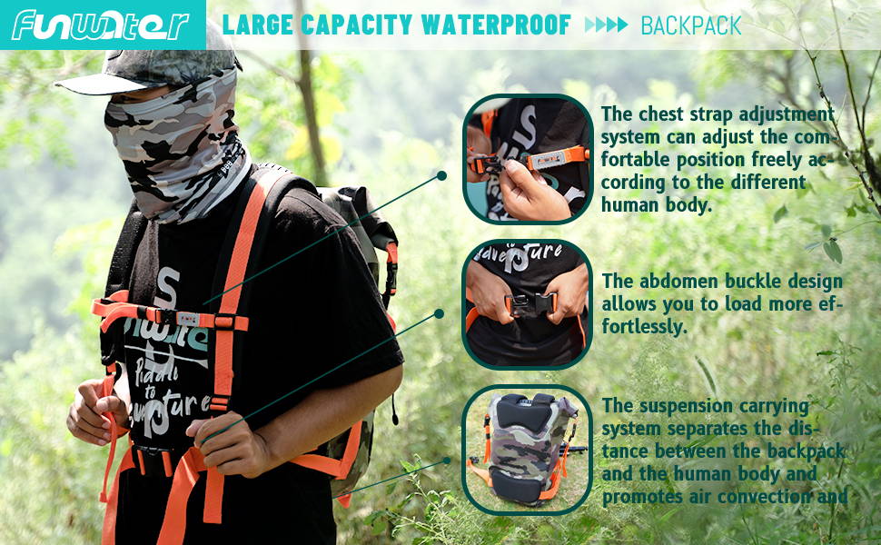 Backpack details display: The chest strap adjustment system can freely adjust the comfortable position according to different human body shapes. Belly buckle design makes loading easier The suspended backpack system separates the distance between the backpack and the human body to promote air convection.
