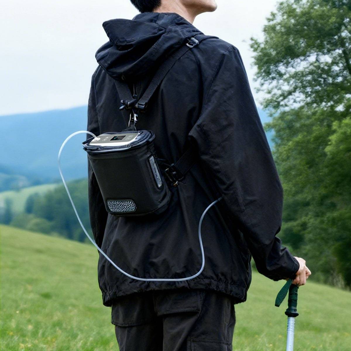 portable oxygen concentrator on a man's backpack