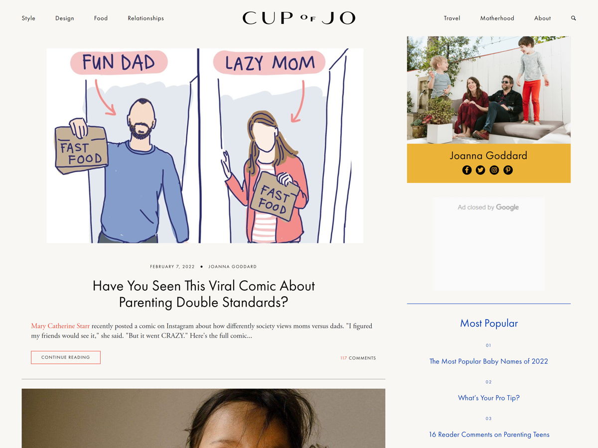 Screenshot of A Cup of Jo, from the blog design examples collection.