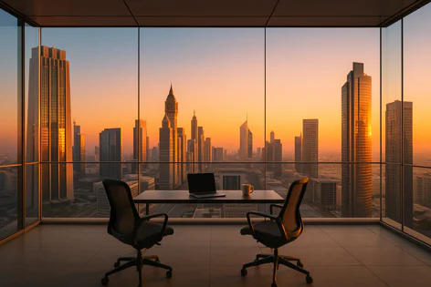 High-floor modern office view of a vibrant city skyline at sunset through large windows, with a desk, laptop, and two empty chairs.